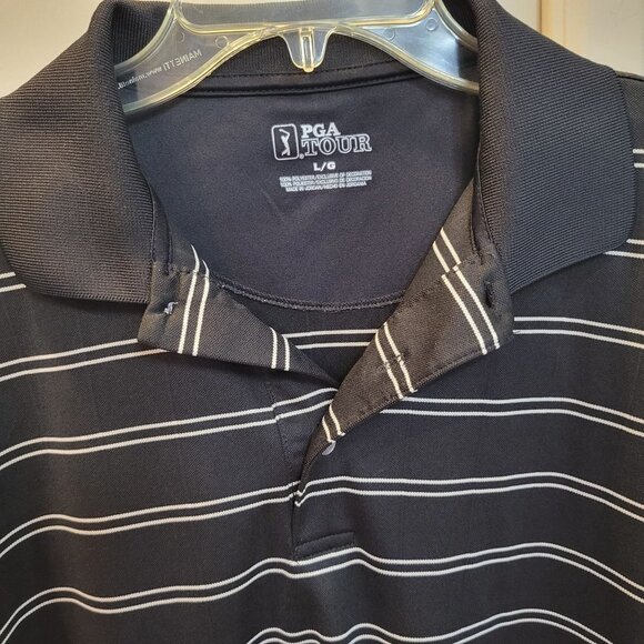 PGA Tour Men's Sz Large Black White Striped SS Stretch Pullover Golf Polo Shirt - Picture 2 of 5